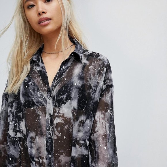 religion Gray Oversize Shirt In Star Print - Picture 2 of 8